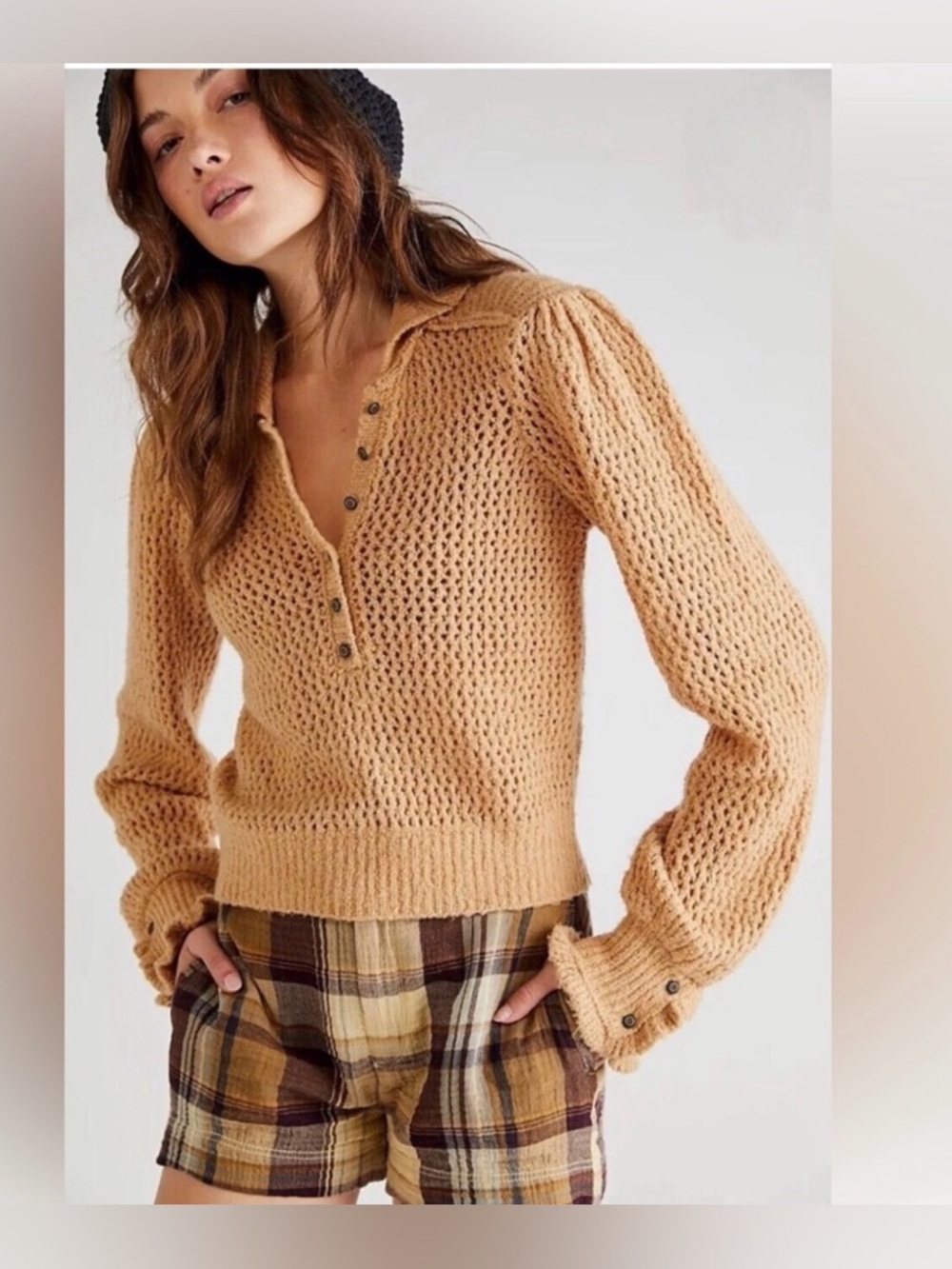 Free People The Free-est Open Chunky Knit Tan Boucle Sweater Size L